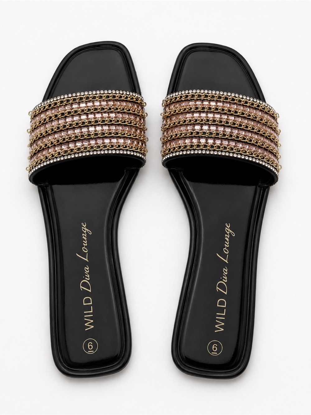WILD DIVA Lounge Black Slides with Gold Beaded Straps